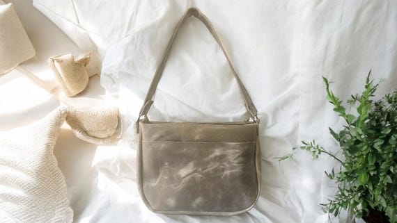 Full Grain Real Leather Zipper Slate Grey Gray 1975 Boho Crossbody or Shoulder Bag Purse - Small