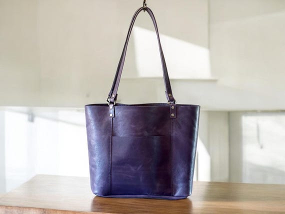Full Grain Authentic Real Leather Icon Purple Leather Bazzar Tote Bags