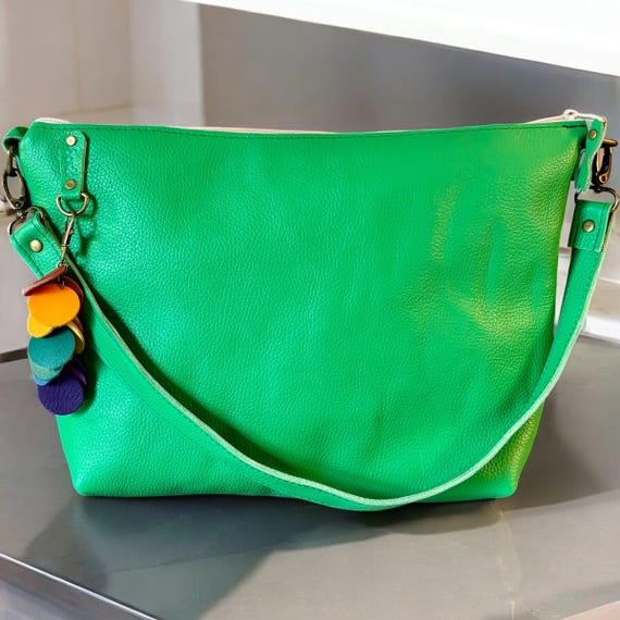 Full Grain Leather Zipper Pebbled Green Penny Shoulder Bag Purse or Crossbody Bag