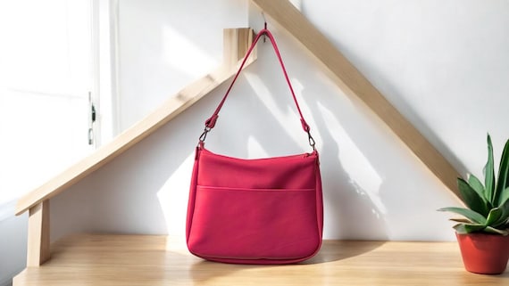 Full Grain Real Leather Zipper Spring Pink 1975 Boho Crossbody or Shoulder Bag Purse - Large
