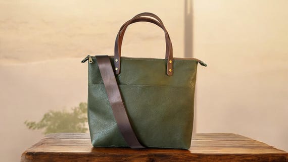 Full Grain Real Leather Zipper Pebbled Olive Super Stevie Crossbody or Shoulder Bag Purse