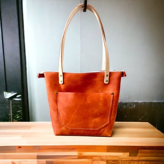 Full Grain Real Leather Zipper Rust Orange Leather Tote Bags-Small-Medium-Large-Extra Large