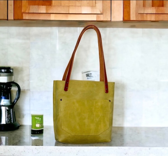 Full Grain Real Leather Authentic Zipper Peridot Green Leather Tote Bags-Small-Medium-Large-Extra Large