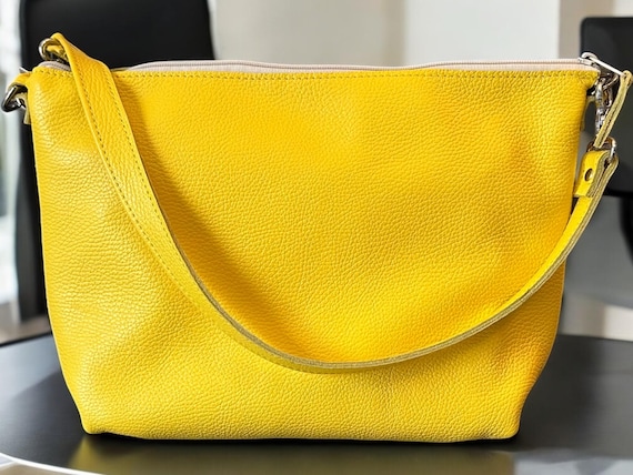 Full Grain Leather Zipper Pebbled Yellow Penny Shoulder Bag Purse or Crossbody Bag