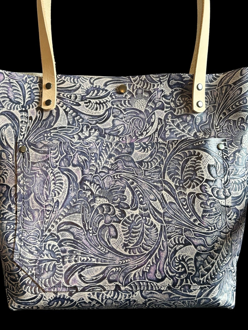 Authentic Embossed Dark Purple Floral Leather Classic Tote Bags-Sm/Md/Lrg/XLrg image 3