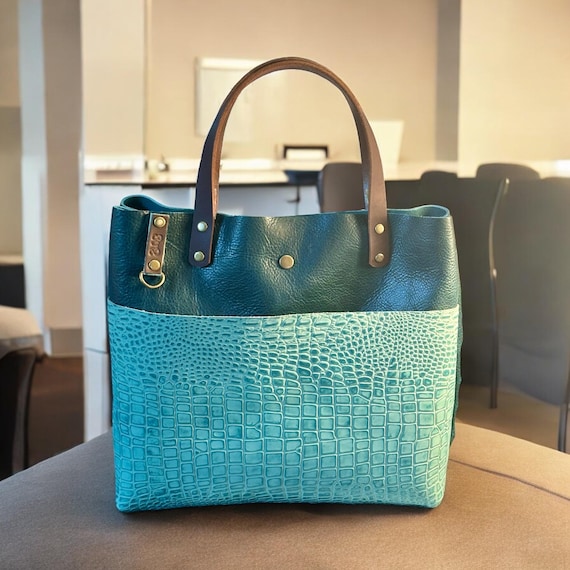 Full Grain Authentic Real Leather Dark Teal & Gator Back Super Stevie Crossbody or Shoulder Bag Purse