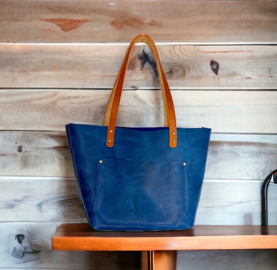Full Grain Real Leather Zipper Magnetic Blue Leather Tote Bags-Small-Medium-Large-Extra Large