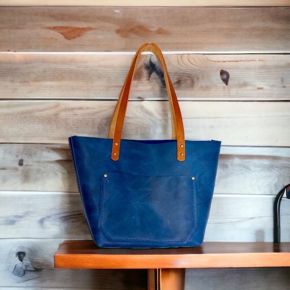 Full Grain Real Leather Authentic Cross-Body Magnetic Blue Leather Classic Tote Bags-Small-Medium-Large-Extra Large