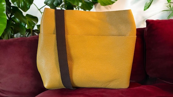Full Grain Real Leather Authentic Pebbled Yellow Mustard Super Stevie Crossbody or Shoulder Bag Purse