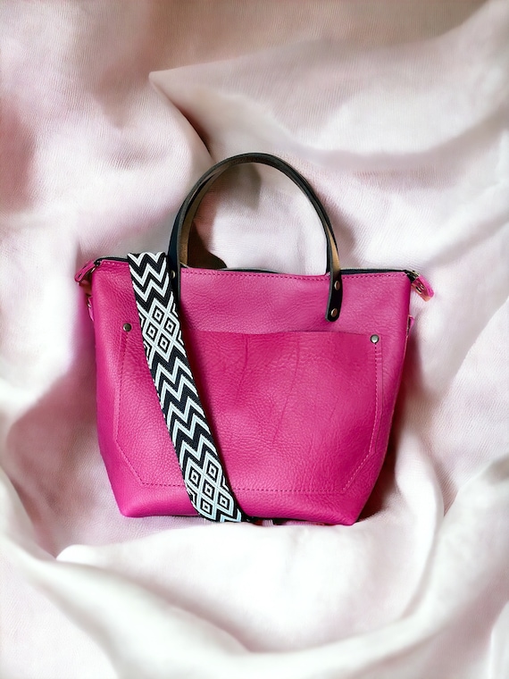 Full Grain Real Leather Zipper Spring Pink RokStar Crossbody or Shoulder Bag Purse