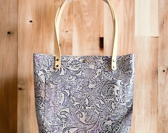 Authentic Embossed Dark Purple Floral  Leather Classic Tote Bags-Sm/Md/Lrg/XLrg