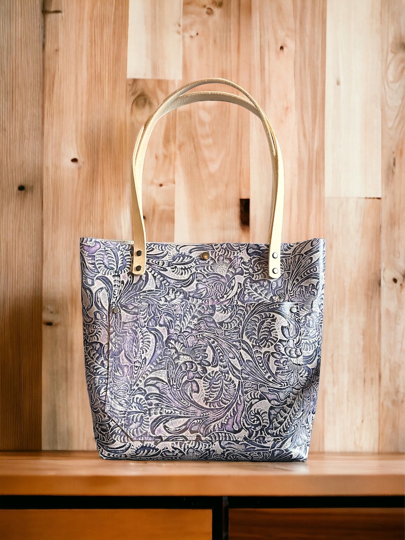 Authentic Embossed Dark Purple Floral Leather Classic Tote Bags-Sm/Md/Lrg/XLrg image 1