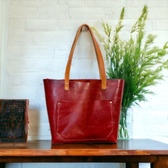 Full Grain Authentic Real Leather Red Leather Classic Tote Bags-Small-Medium-Large-Extra Large
