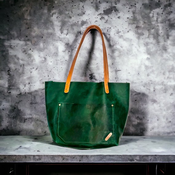 Full Grain Real Leather Authentic Cross-Body Rushmore Green Leather Classic Tote Bags-Small-Medium-Large-Extra Large