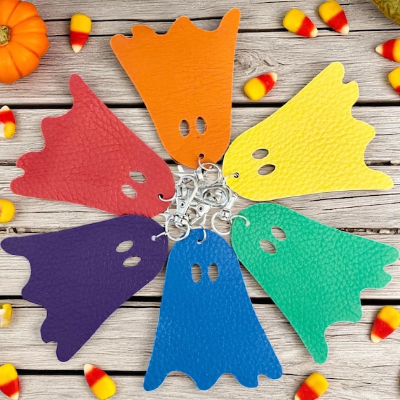 Full Grain Authentic Leather Rainbow Ghost and Rainbow Pumpkin Bag Charm Bling Halloween Flair Tassel
