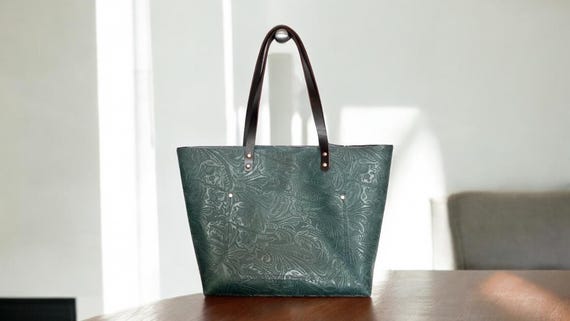 Full Grain Real Leather Authentic Embossed Mediterranean  Leather Classic Tote Bags-Small-Medium-Large-Extra Large