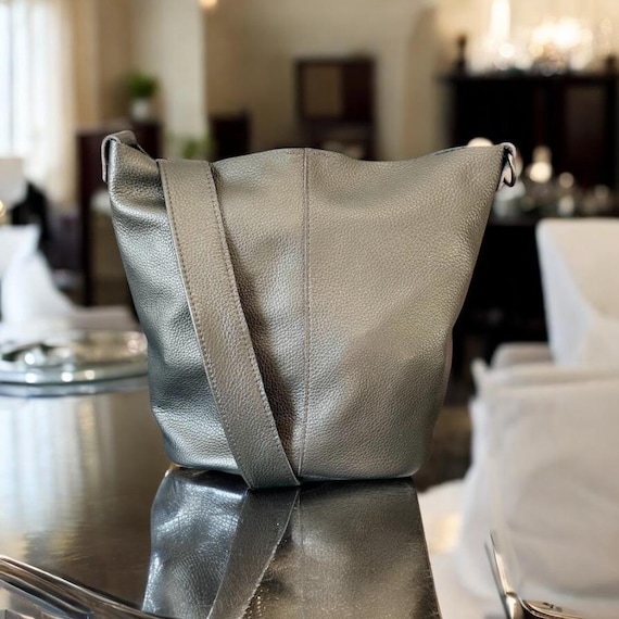 Full Grain Real Leather Pebbled Pewter Bucket Crossbody or Shoulder Bag Purse