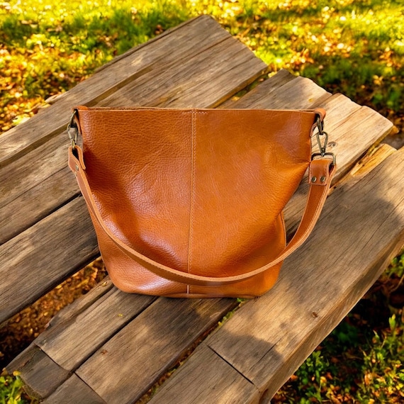 Full Grain Real Leather Autumn Orange Bucket Crossbody or Shoulder Bag Purse