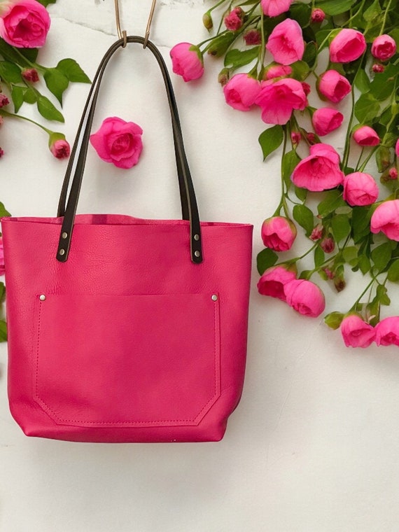 Full Grain Real Leather Authentic Spring Pink Leather Classic Tote Bags-Small-Medium-Large-Extra Large