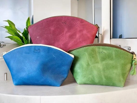 Full Grain Authentic Leather Makeup Cosmetic Pen Bags Pouches