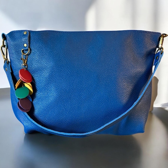 Full Grain Leather Zipper Pebbled Blue Penny Shoulder Bag Purse or Crossbody Bag