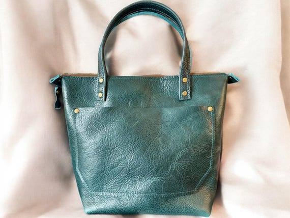 Full Grain Real Leather Zipper Dark Teal RokStar Crossbody or Shoulder Bag Purse