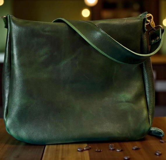 Full Grain Real Leather Zipper Forest Green Dog 1975 Boho Crossbody or Shoulder Bag Purse - Small