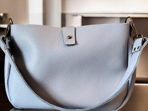 Full Grain Real Leather Authentic Pebbled Pale Blue 1975 Boho Crossbody or Shoulder Bag Purse - Small