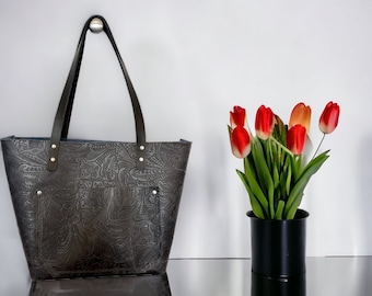 Full Grain Real Leather Authentic Embossed Black Leather Classic Tote Bags-Small-Medium-Large-Extra Large
