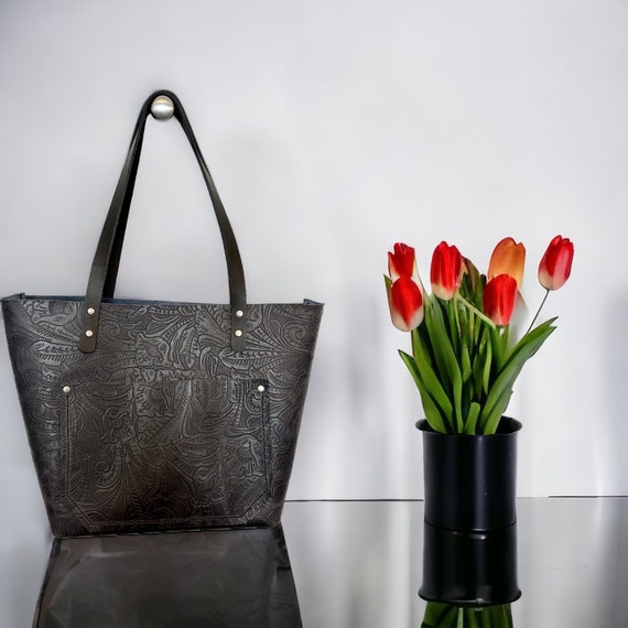 Full Grain Real Leather Authentic Embossed Black Leather Classic Tote Bags-Small-Medium-Large-Extra Large