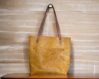 Authentic Embossed Mustard Leather Classic Tote Bags-Sm/Md/Lrg/XLrg