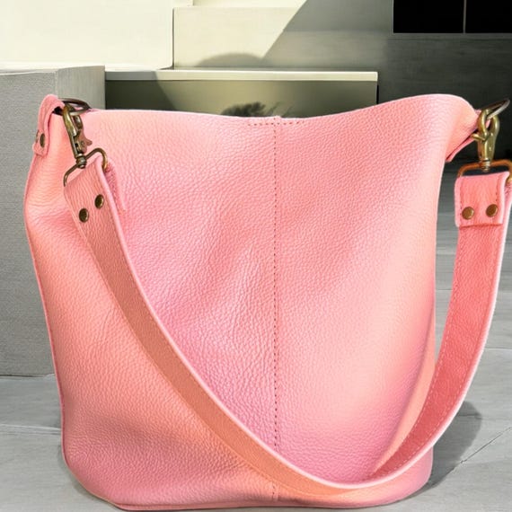 Full Grain Real Leather Pebbled Salmon Bucket Crossbody or Shoulder Bag Purse