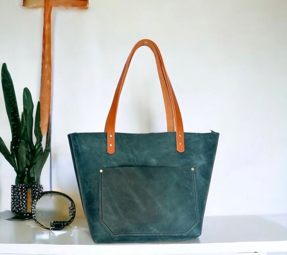Full Grain Real Leather Zipper Mediterranean Leather Tote Bags-Small-Medium-Large-Extra Large
