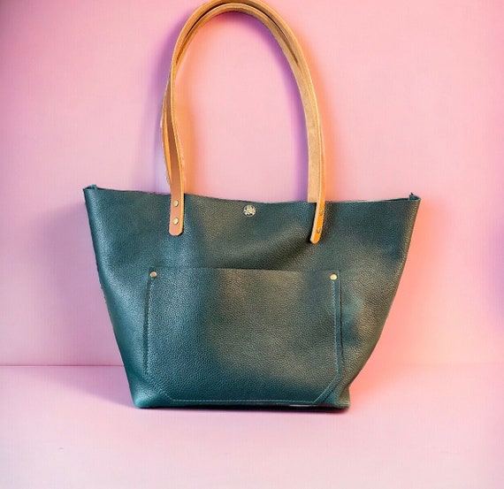 Full Grain Real Leather Cross-Body Dark Teal Leather Classic Tote Bags-Small-Medium-Large-Extra Large
