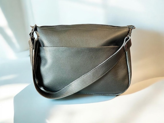 Full Grain Real Leather Zipper Pebbled Pewter 1975 Boho Crossbody or Shoulder Bag Purse - Small