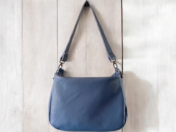 Full Grain Real Leather Zipper Pebbled Dusty Blue 1975 Boho Crossbody or Shoulder Bag Purse - Small