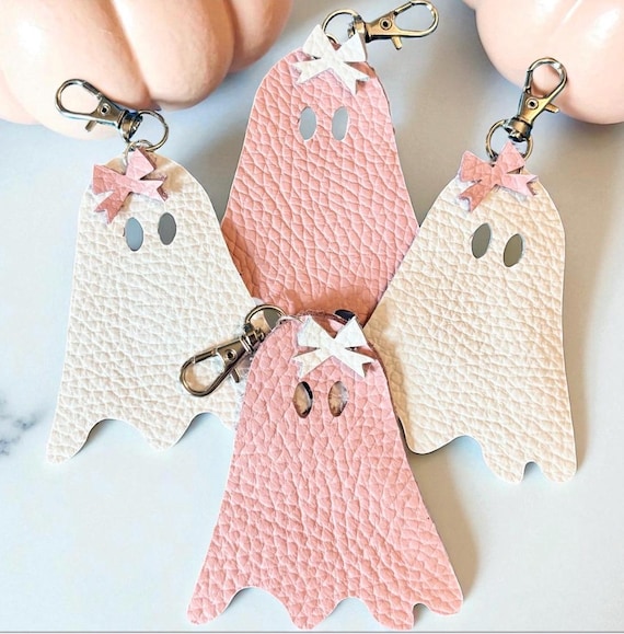 Full Grain Authentic Leather Pink Girl Ghost with Bow Pumpkin Bag Charm Bling Halloween Flair Tassel