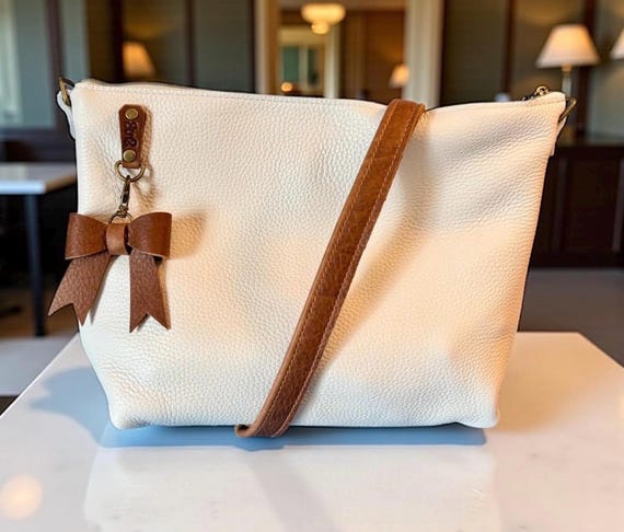 Full Grain Leather Zipper Pebbled Chalk White and Bourbon Penny Shoulder Bag Purse or Crossbody Bag