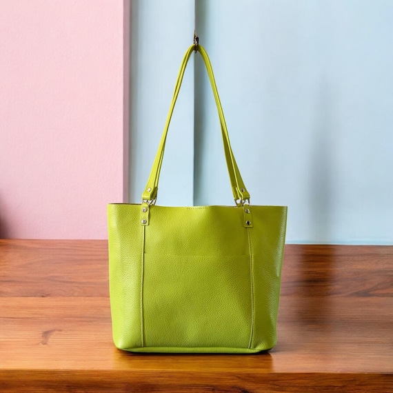 Full Grain Authentic Real Leather Pebbled Lime Leather Bazzar Tote Bags