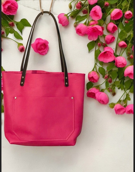 Full Grain Real Leather Zipper Spring Pink Leather Tote Bags-Small-Medium-Large-Extra Large