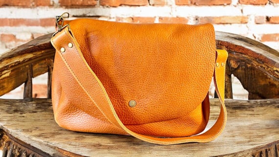 Full Grain Real Leather Authentic Autumn Orange Saddle Bag Crossbody or Shoulder Bag Purse