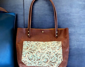 Authentic Rushmore Brown with Turquoise Swirl Leather Classic Tote Bags-Sm/Md/Lrg/XLrg