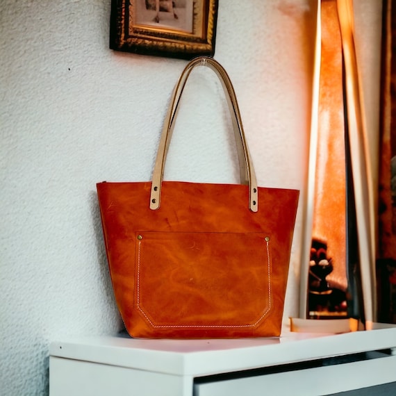 Full Grain Real Leather Authentic Cross-Body Rust Orange Leather Classic Tote Bags-Small-Medium-Large-Extra Large