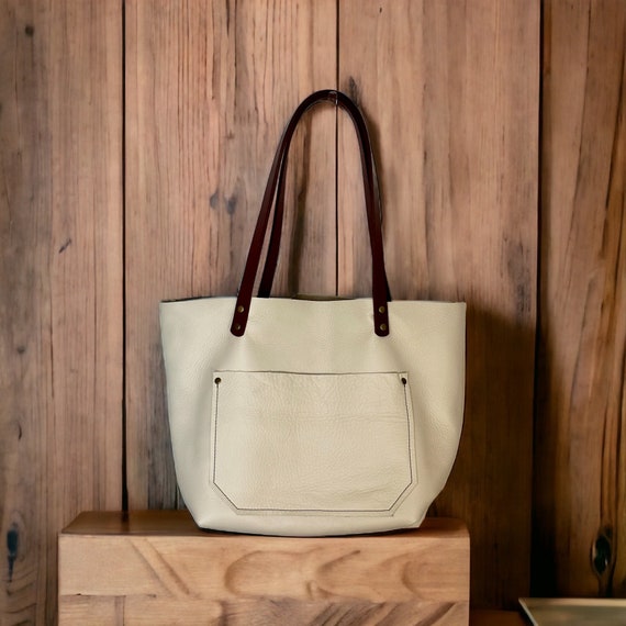 Full Grain Real Leather Authentic Pebbled Cream Ivory Leather Classic Tote Bags-Small-Medium-Large-Extra Large