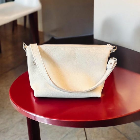 Full Grain Leather Zipper Pebbled Chalk White Penny Shoulder Bag Purse or Crossbody Bag