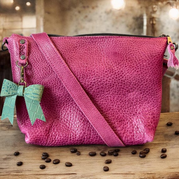 Full Grain Leather Zipper Pink Dog Charlotte Shoulder Bag Purse or Crossbody Bag