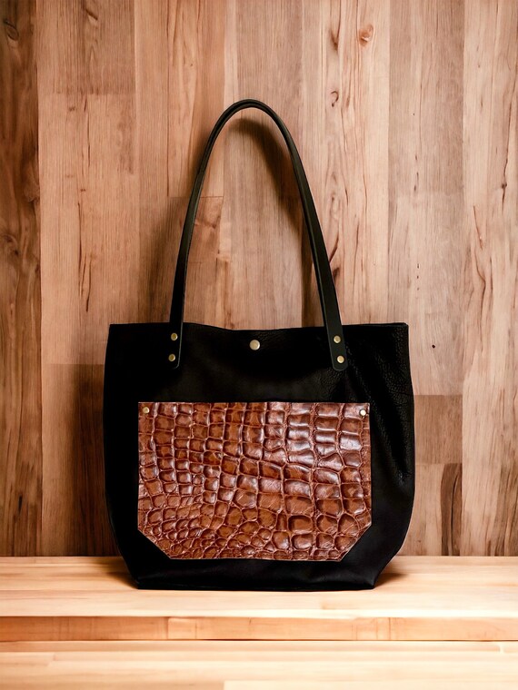 Full Grain Real Leather Authentic Black with Brown Gator Leather Classic Tote Bags-Small-Medium-Large-Extra Large