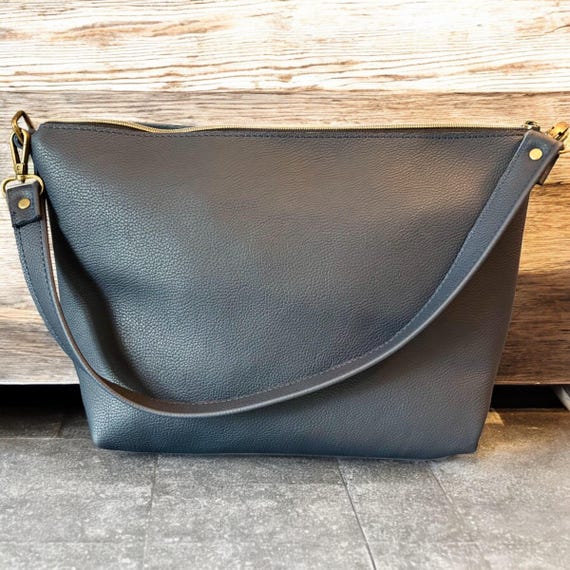 Full Grain Leather Zipper Pebbled Navy Penny Shoulder Bag Purse or Crossbody Bag