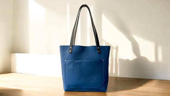 Full Grain Real Leather Authentic Pebbled Blue Leather Classic Tote Bags-Small-Medium-Large-Extra Large