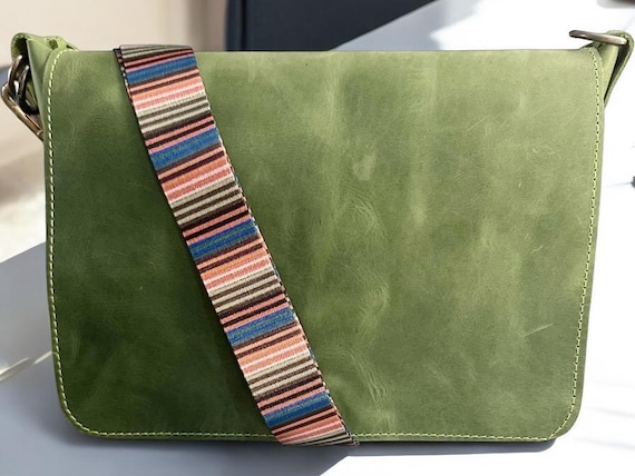 Full Grain Authentic Real Leather Green Grass DownState Satchel Messenger Bag Crossbody Purse